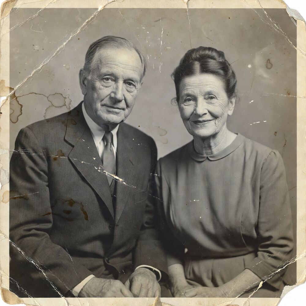 Black-and-white family photo before AI colorization